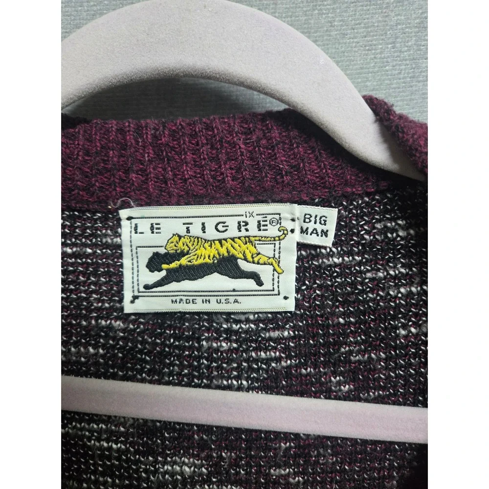 Le Tigre Vintage Mens Big Man Geometric Cardigan Sweater Burgundy Black 1X USA